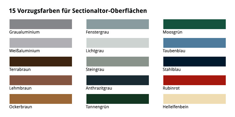 15 Vorzugsfarben f&uuml;r Sectionaltor-Oberfl&auml;che